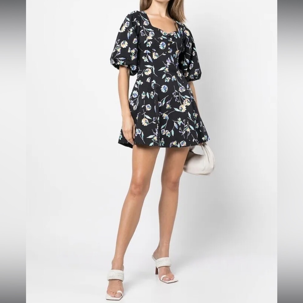 Nicholas Lydia Dress Black Floral Puff Sleeve Mini Pockets Buttons Size 8
